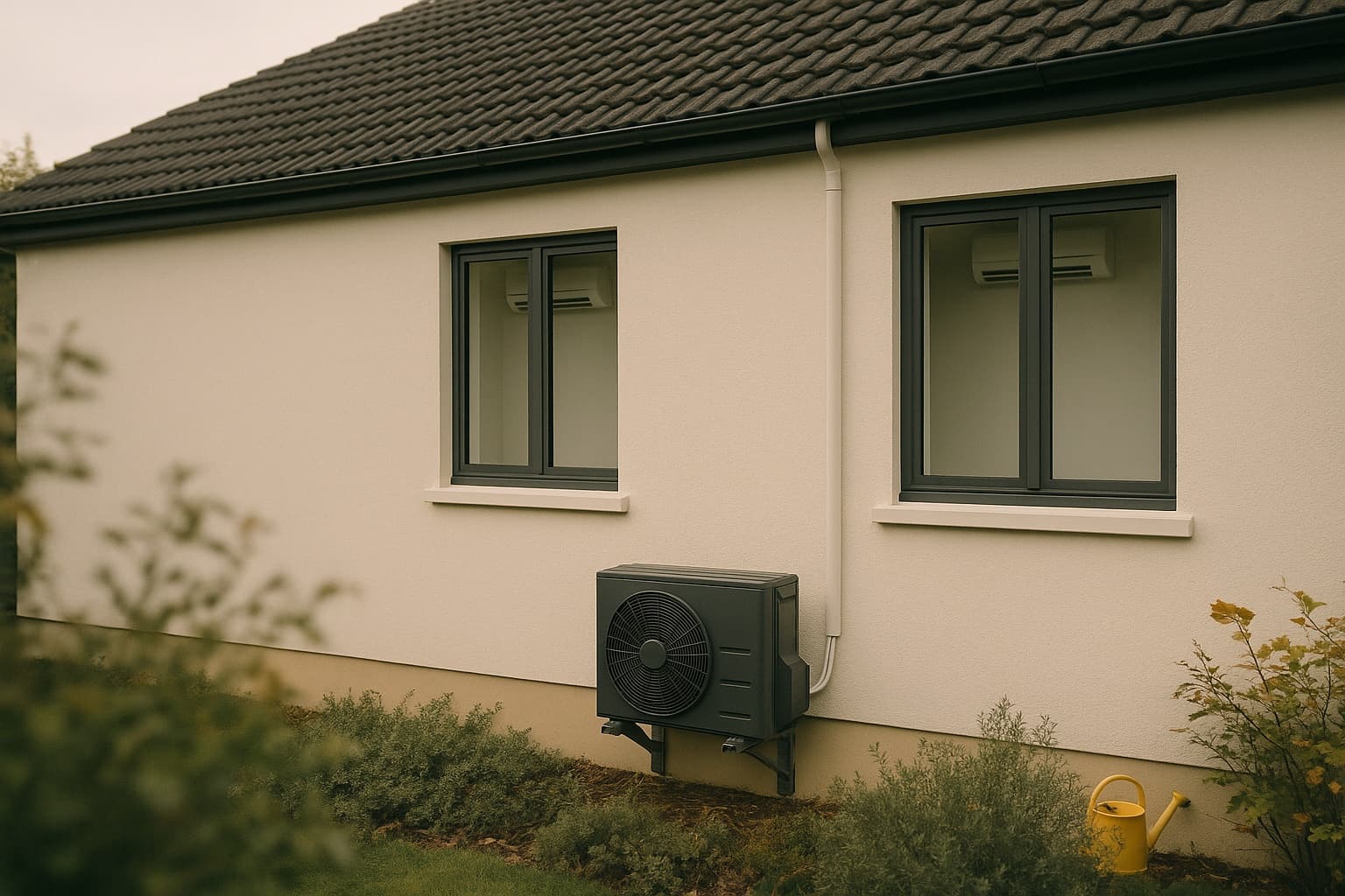 Hausfassade mit einem einzelnen Klimaanlagen-Außengerät auf Wandkonsolen, dahinter zwei Fenster mit erkennbaren Split-Innengeräten an der Wand