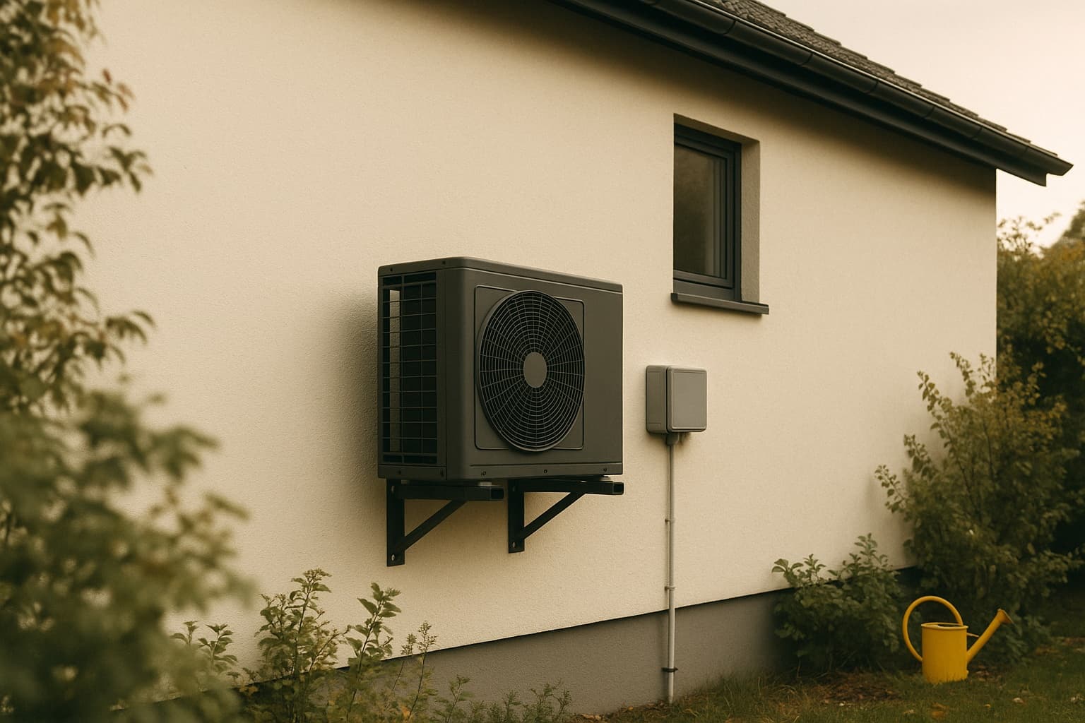 Klimaanlagen-Außengerät auf Wandkonsolen an einer cremefarbenen Hauswand, daneben ein kleiner wetterfester Anschlusskasten mit Schutzrohr zur Zuleitung