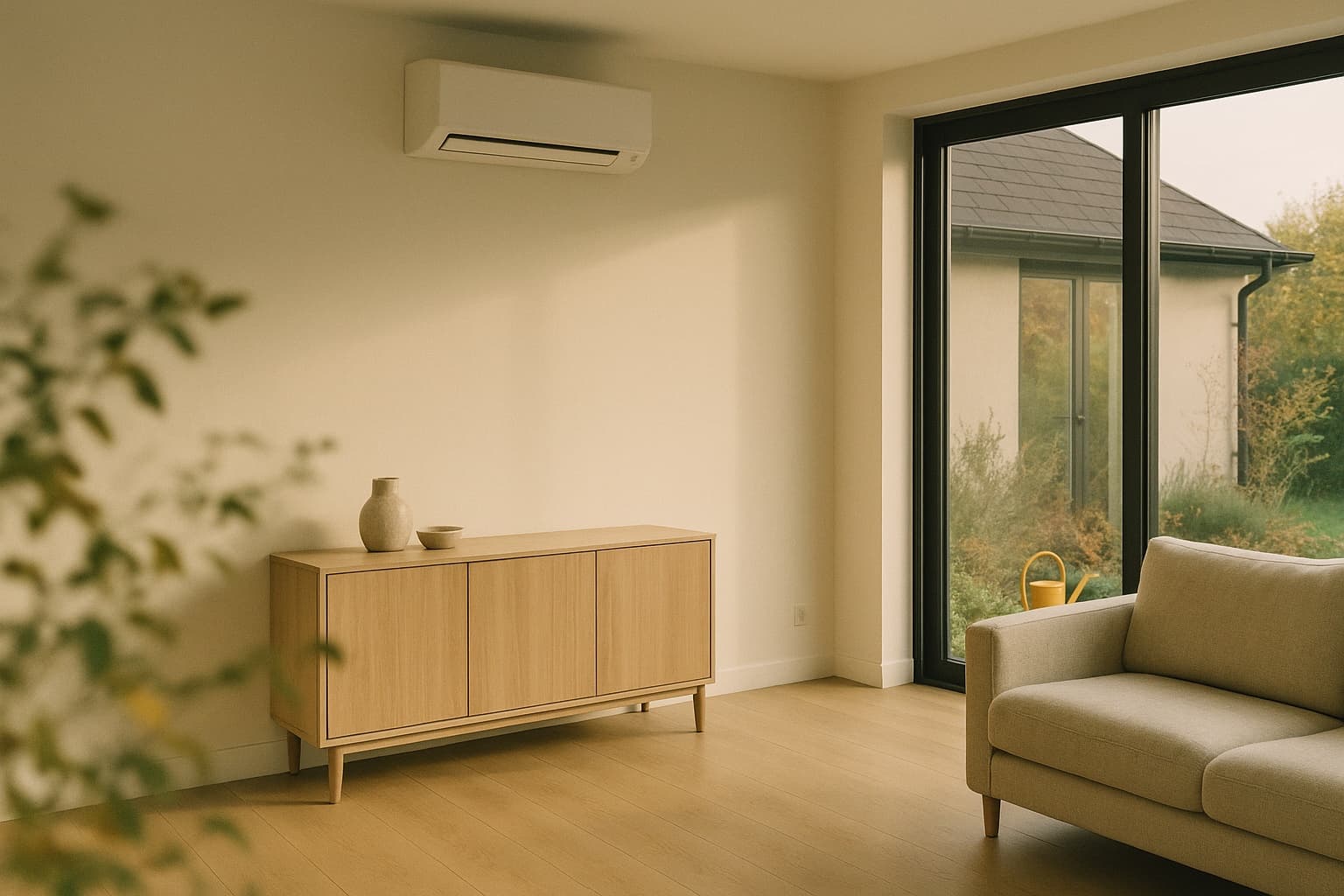 Helles Wohnzimmer mit einem schmalen weißen Split-Innengerät hoch an der Wand, Nachmittagssonne fällt durch große Fenster auf einen hellen Holzboden