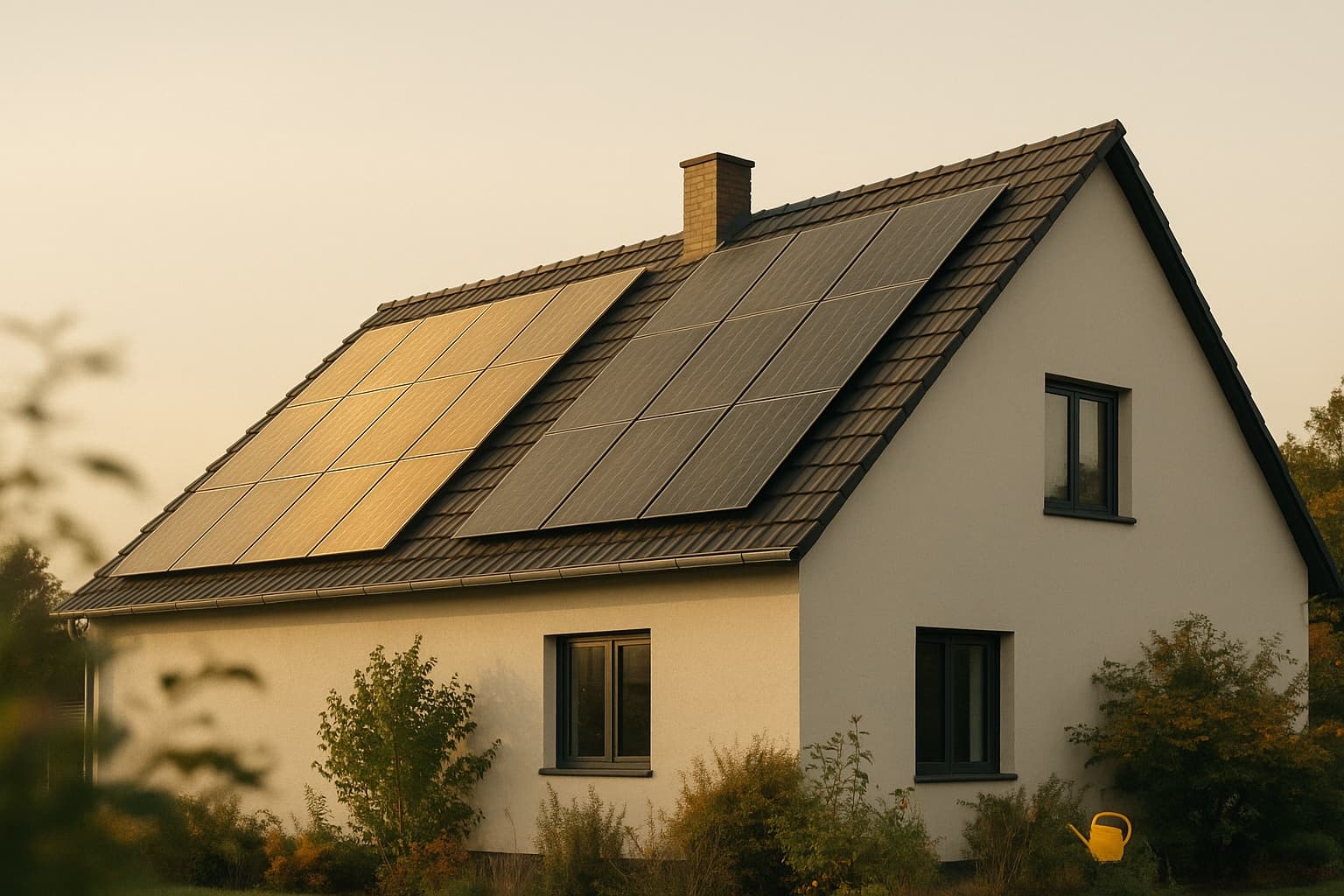 Satteldach eines Einfamilienhauses mit Photovoltaikmodulen im Streiflicht der tiefen Sonne, ein Teil der Modulreihen liegt im Licht, der andere im Schatten