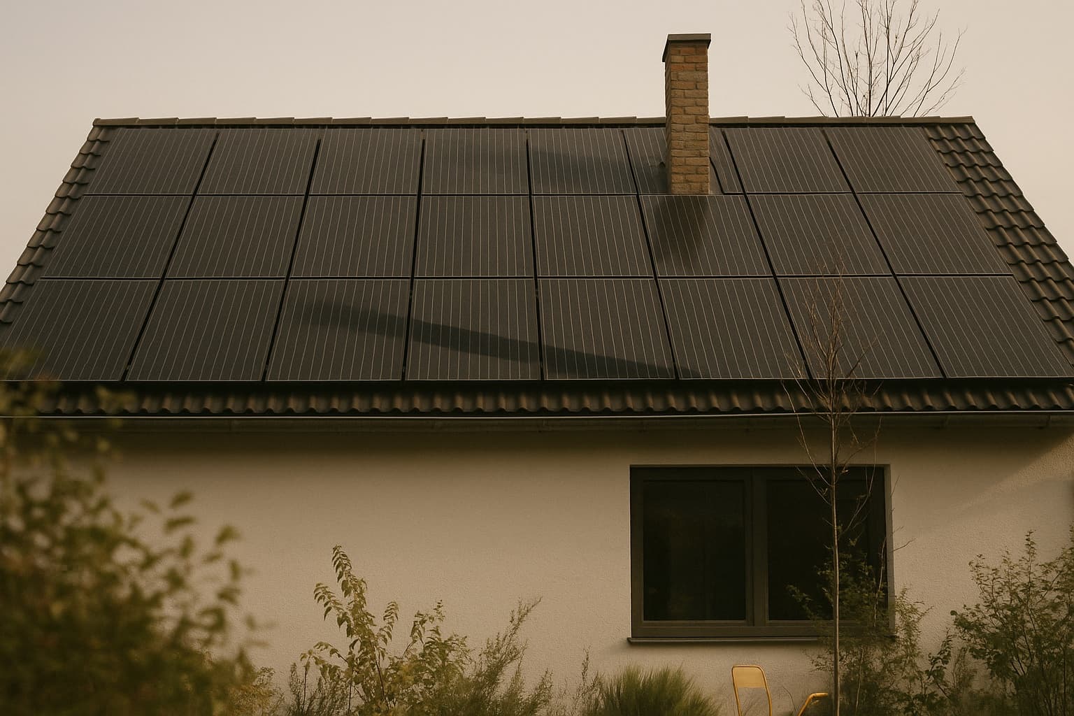 Vollflächig mit Solarmodulen belegtes Satteldach, über dem der Schatten eines Schornsteins und eines Baums quer über eine Modulreihe fällt