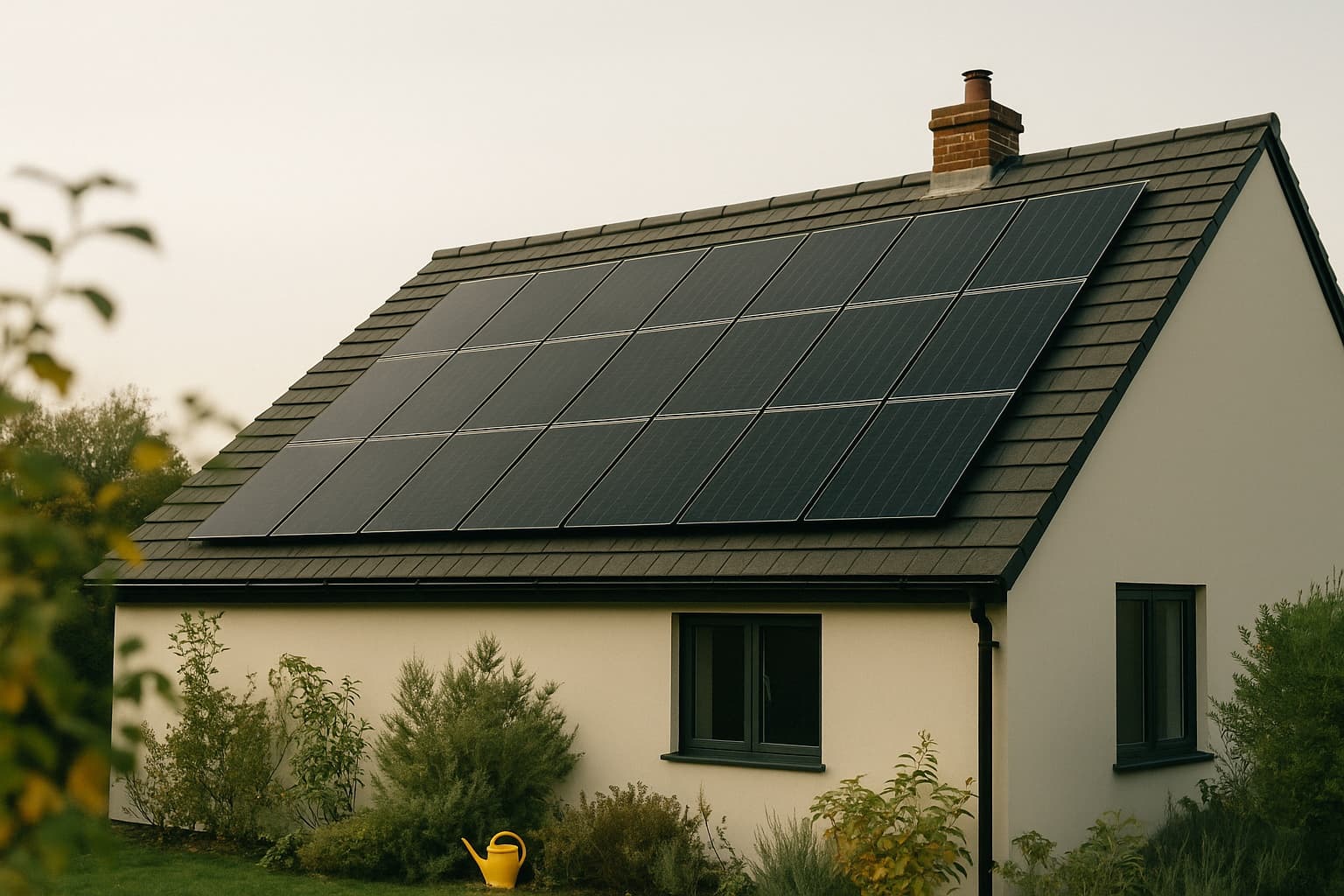 Satteldach eines Einfamilienhauses mit drei Reihen dunkler Photovoltaikmodule, oberhalb zum First und unterhalb zur Traufe bleibt jeweils ein Streifen Dachziegel frei