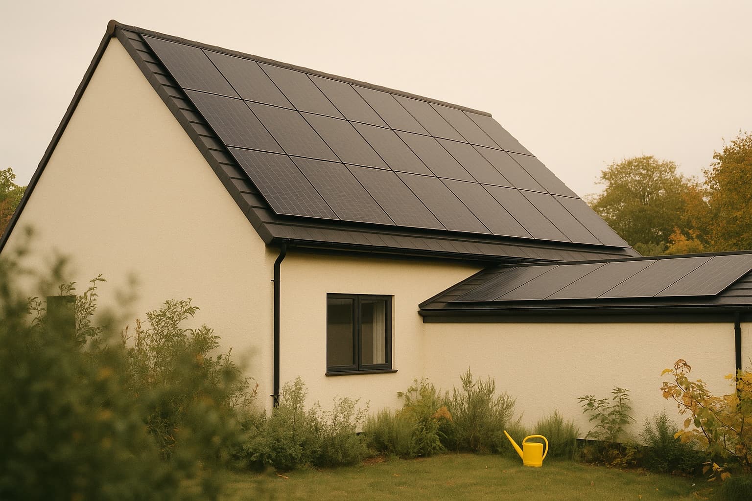 Satteldach eines Einfamilienhauses, das von der Traufe bis zum First vollständig mit Photovoltaikmodulen belegt ist, dazu weitere Module auf dem angebauten Garagendach