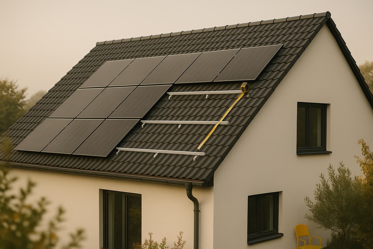 Satteldach eines Einfamilienhauses, auf dem gerade Photovoltaikmodule verlegt werden, mit einem ausgezogenen Maßband auf der belegten Fläche