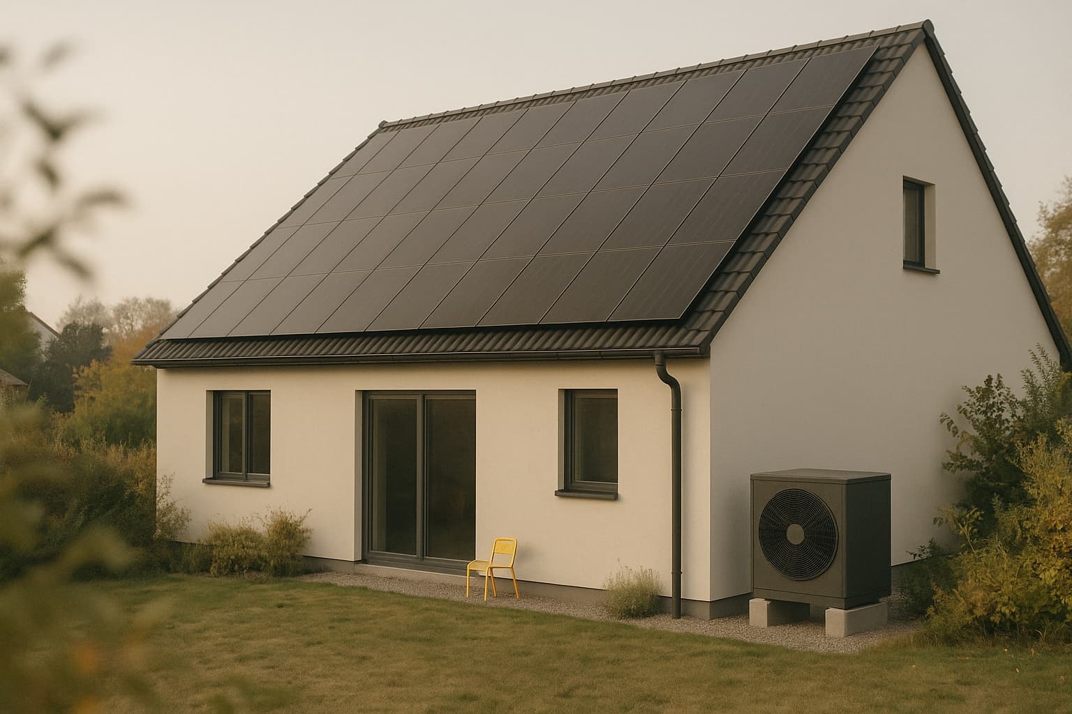 Einfamilienhaus mit einer vollflächigen Photovoltaikanlage auf dem Satteldach und einer Luft-Wasser-Wärmepumpe auf Betonsockeln neben der Hauswand
