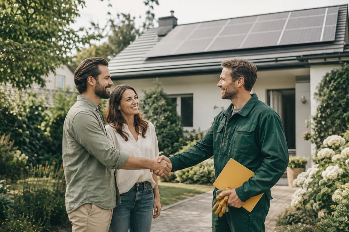 Hausbesitzer-Paar gibt einem Handwerker vor einem Haus mit Solaranlage die Hand