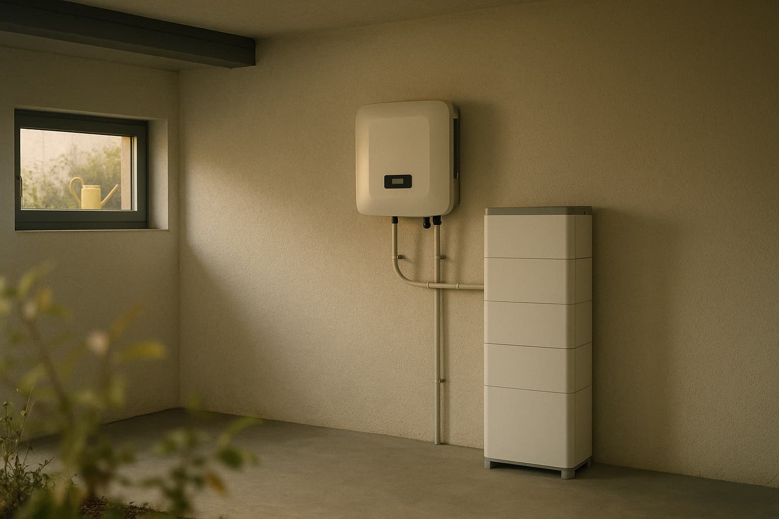Wandmontierter Hybridwechselrichter mit daneben stehendem Batterieschrank an einer verputzten Kellerwand, Tageslicht fällt durch ein Kellerfenster