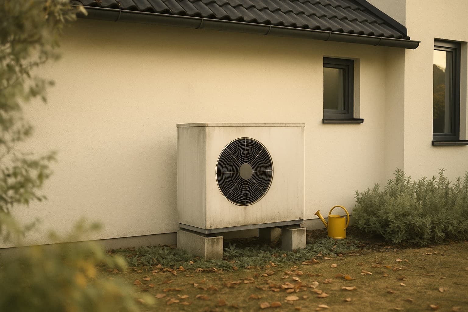 Gealtertes Außengerät einer Luft-Wasser-Wärmepumpe auf Betonsockeln an der Hauswand eines Einfamilienhauses, leichte Patina auf dem Gehäuse und Herbstlaub davor